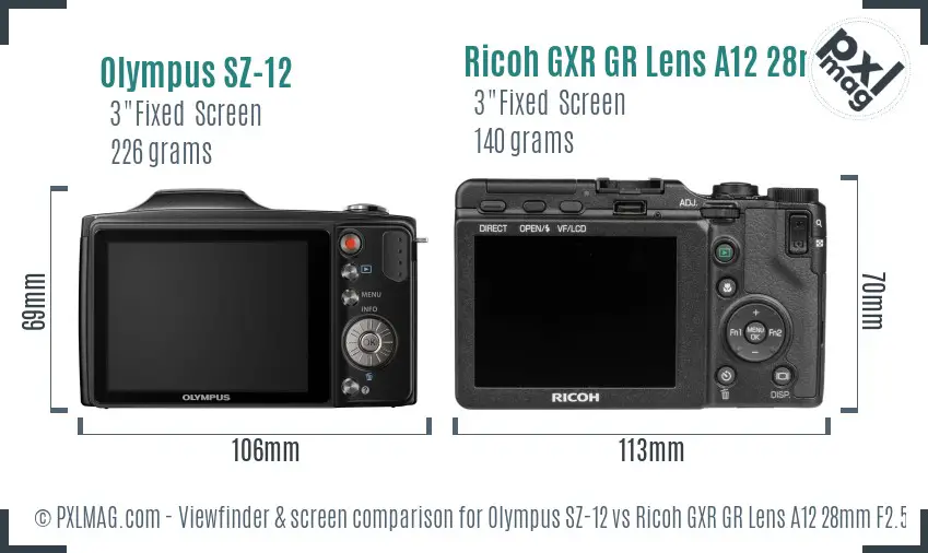 Olympus SZ-12 vs Ricoh GXR GR Lens A12 28mm F2.5 Screen and Viewfinder comparison