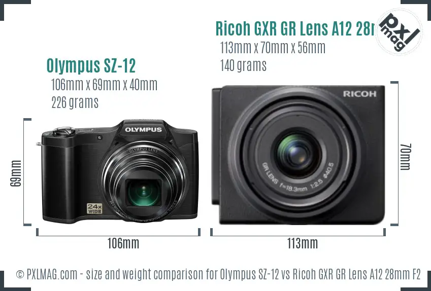Olympus SZ-12 vs Ricoh GXR GR Lens A12 28mm F2.5 size comparison Olympus SZ-12 vs Ricoh GXR GR Lens A12 28mm F2.5 size comparison