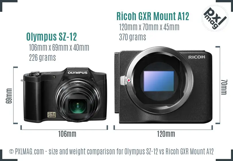 Olympus SZ-12 vs Ricoh GXR Mount A12 size comparison