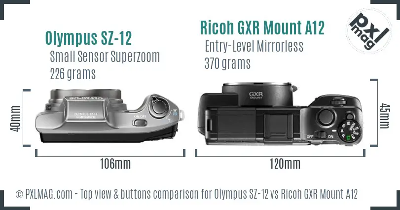 Olympus SZ-12 vs Ricoh GXR Mount A12 top view buttons comparison