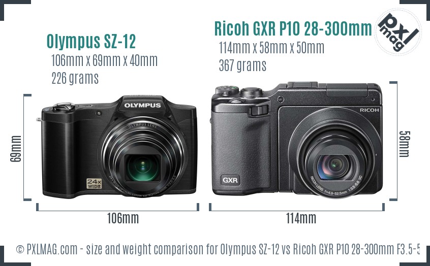 Olympus SZ-12 vs Ricoh GXR P10 28-300mm F3.5-5.6 VC size comparison