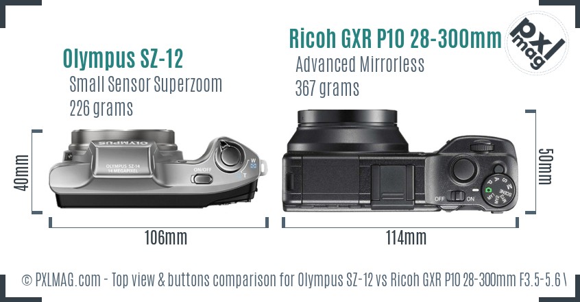 Olympus SZ-12 vs Ricoh GXR P10 28-300mm F3.5-5.6 VC top view buttons comparison