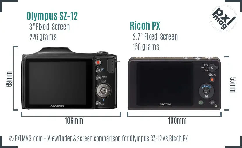 Olympus SZ-12 vs Ricoh PX Screen and Viewfinder comparison
