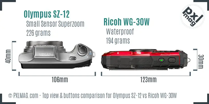 Olympus SZ-12 vs Ricoh WG-30W top view buttons comparison