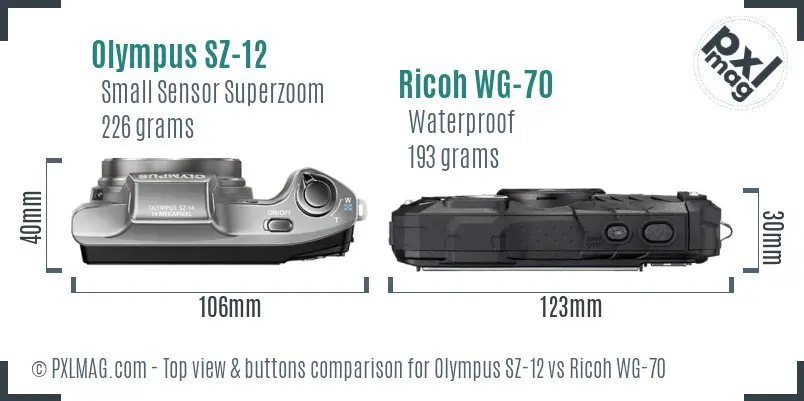 Olympus SZ-12 vs Ricoh WG-70 top view buttons comparison