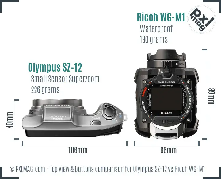 Olympus SZ-12 vs Ricoh WG-M1 top view buttons comparison