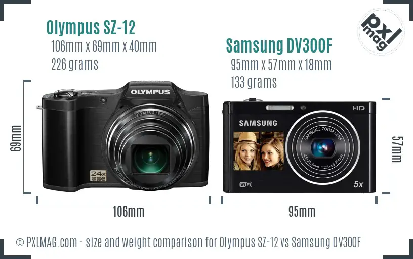 Olympus SZ-12 vs Samsung DV300F size comparison