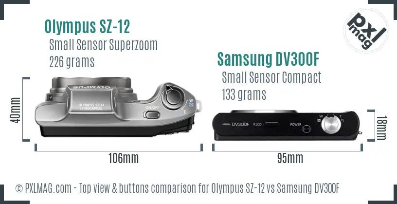 Olympus SZ-12 vs Samsung DV300F top view buttons comparison