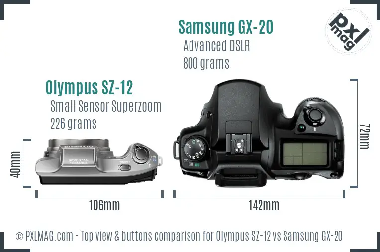 Olympus SZ-12 vs Samsung GX-20 top view buttons comparison