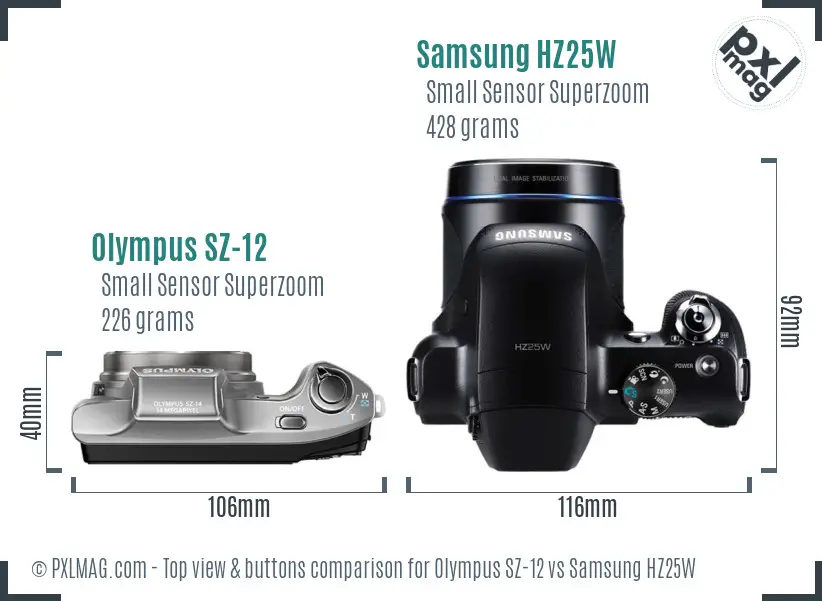 Olympus SZ-12 vs Samsung HZ25W top view buttons comparison