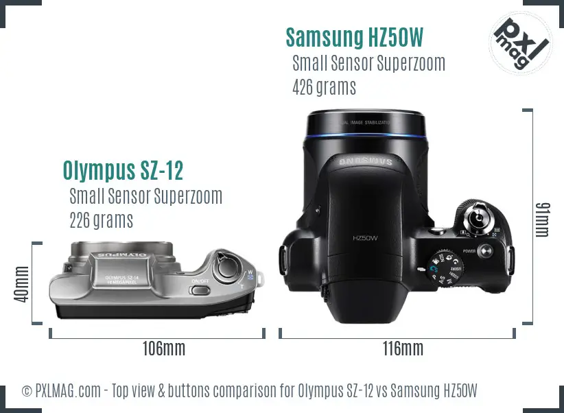 Olympus SZ-12 vs Samsung HZ50W top view buttons comparison
