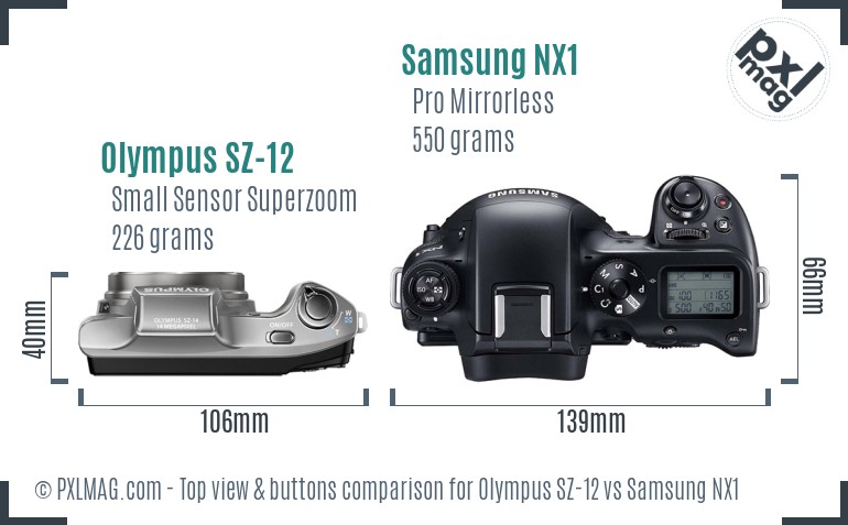 Olympus SZ-12 vs Samsung NX1 top view buttons comparison