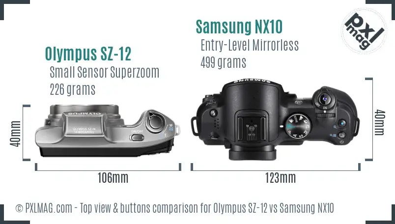 Olympus SZ-12 vs Samsung NX10 top view buttons comparison