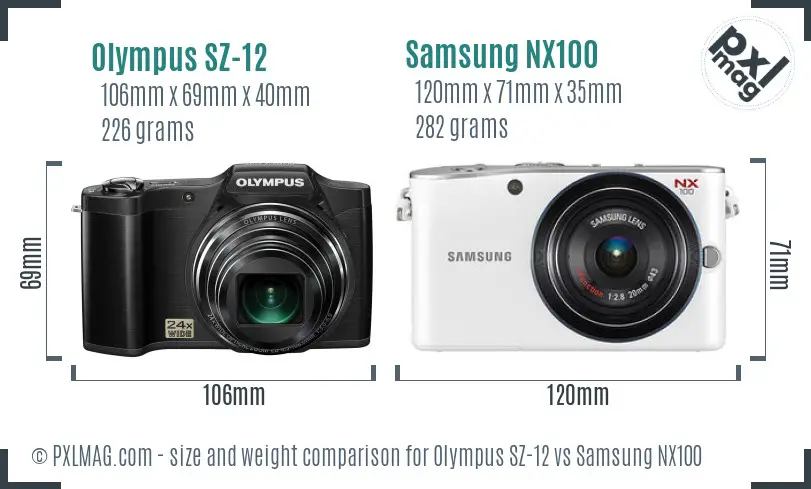 Olympus SZ-12 vs Samsung NX100 size comparison