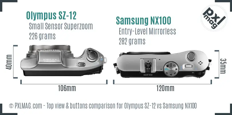 Olympus SZ-12 vs Samsung NX100 top view buttons comparison