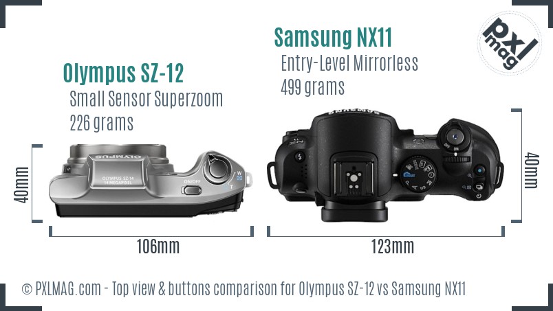 Olympus SZ-12 vs Samsung NX11 top view buttons comparison