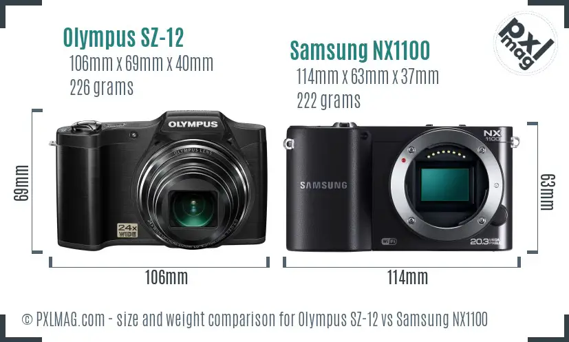 Olympus SZ-12 vs Samsung NX1100 size comparison