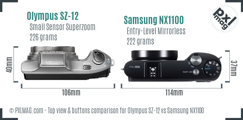 Olympus SZ-12 vs Samsung NX1100 top view buttons comparison