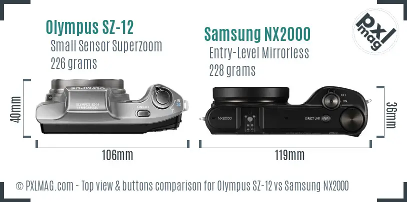 Olympus SZ-12 vs Samsung NX2000 top view buttons comparison