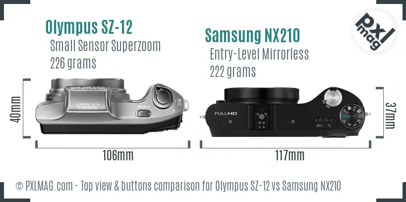 Olympus SZ-12 vs Samsung NX210 top view buttons comparison