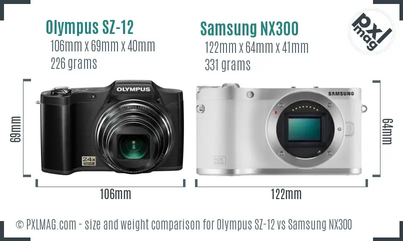 Olympus SZ-12 vs Samsung NX300 size comparison
