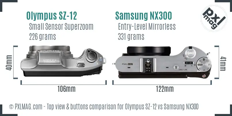 Olympus SZ-12 vs Samsung NX300 top view buttons comparison