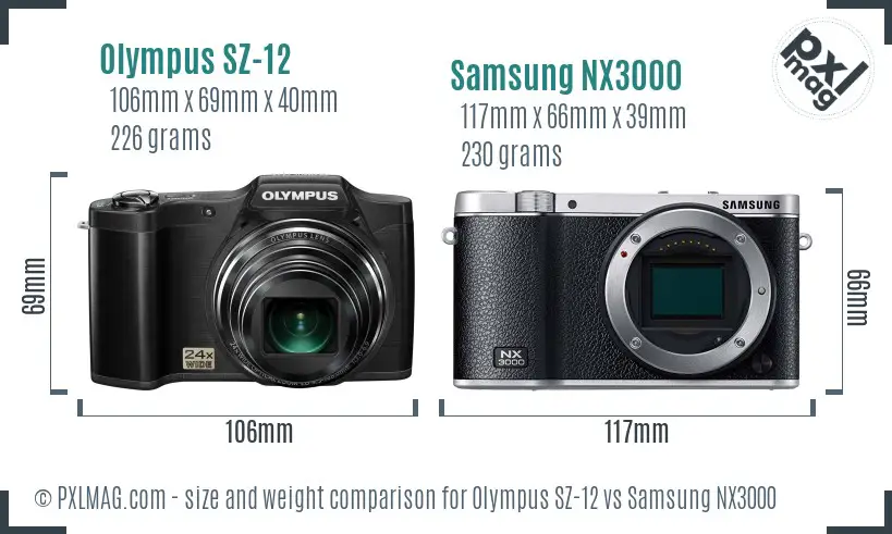 Olympus SZ-12 vs Samsung NX3000 size comparison