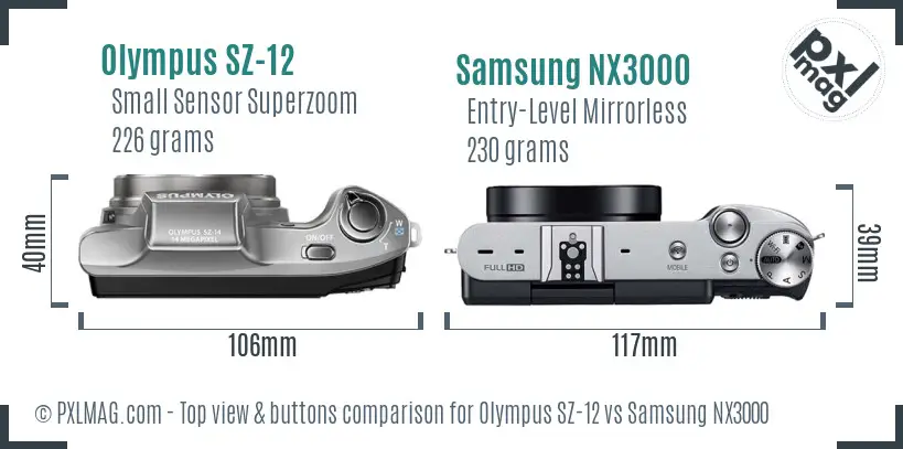 Olympus SZ-12 vs Samsung NX3000 top view buttons comparison