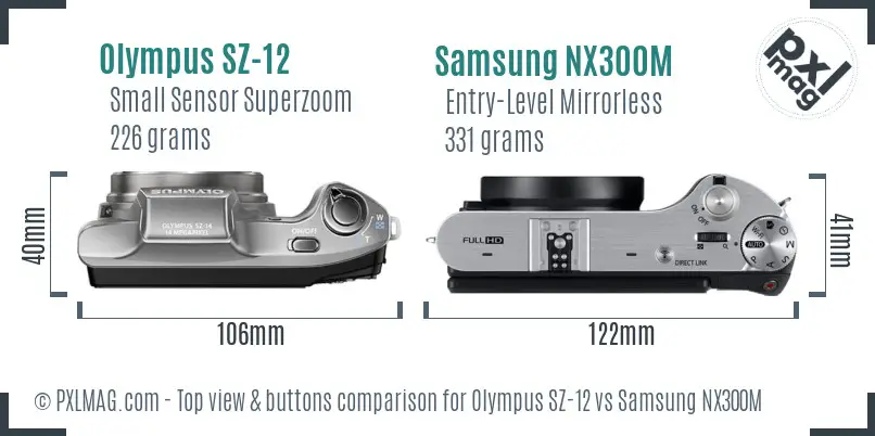 Olympus SZ-12 vs Samsung NX300M top view buttons comparison