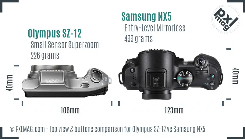 Olympus SZ-12 vs Samsung NX5 top view buttons comparison