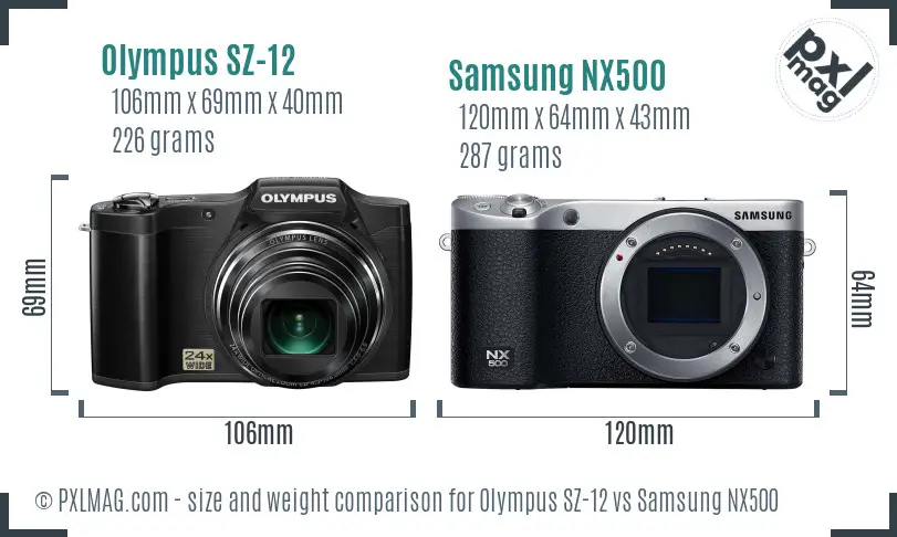 Olympus SZ-12 vs Samsung NX500 size comparison