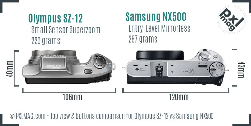 Olympus SZ-12 vs Samsung NX500 top view buttons comparison