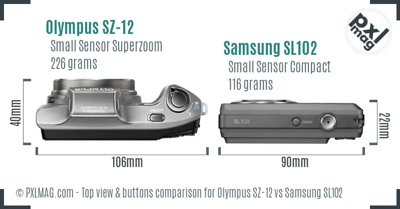 Olympus SZ-12 vs Samsung SL102 top view buttons comparison