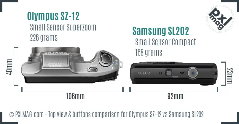 Olympus SZ-12 vs Samsung SL202 top view buttons comparison