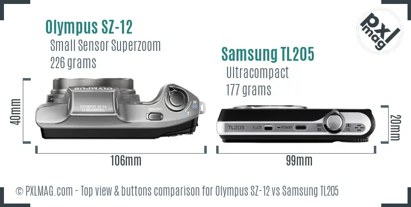 Olympus SZ-12 vs Samsung TL205 top view buttons comparison