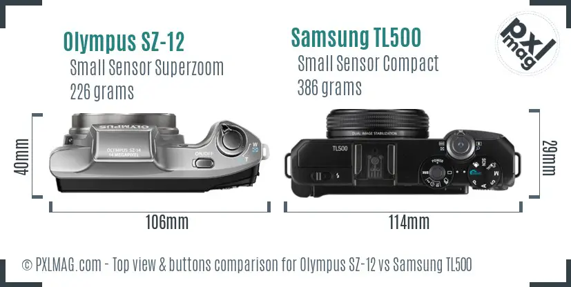 Olympus SZ-12 vs Samsung TL500 top view buttons comparison