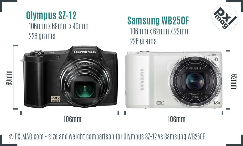 Olympus SZ-12 vs Samsung WB250F size comparison
