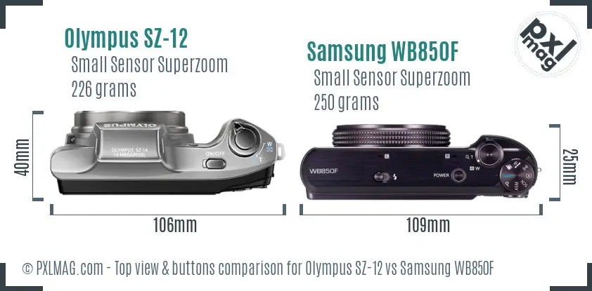 Olympus SZ-12 vs Samsung WB850F top view buttons comparison Olympus SZ-12 vs Samsung WB850F top view buttons comparison