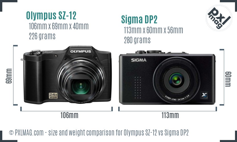 Olympus SZ-12 vs Sigma DP2 size comparison Olympus SZ-12 vs Sigma DP2 size comparison