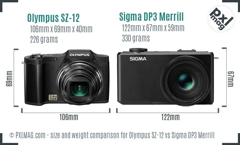 Olympus SZ-12 vs Sigma DP3 Merrill size comparison