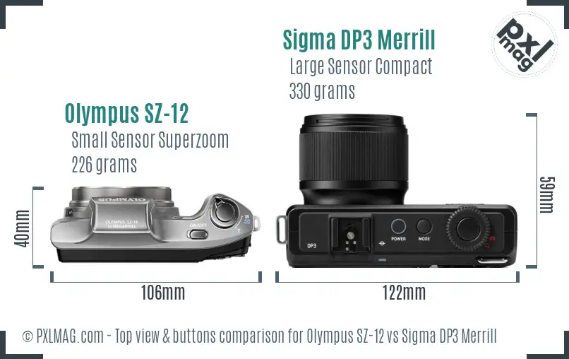 Olympus SZ-12 vs Sigma DP3 Merrill top view buttons comparison