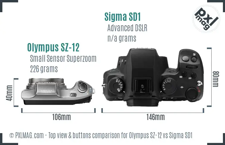 Olympus SZ-12 vs Sigma SD1 top view buttons comparison