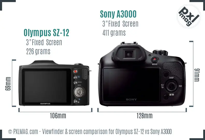 Olympus SZ-12 vs Sony A3000 Screen and Viewfinder comparison