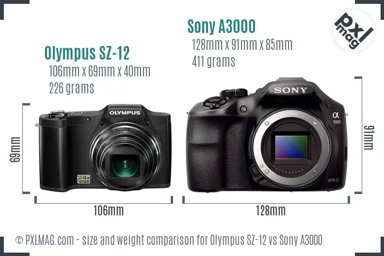 Olympus SZ-12 vs Sony A3000 size comparison