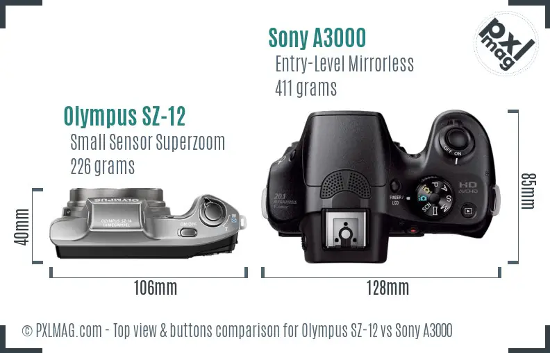 Olympus SZ-12 vs Sony A3000 top view buttons comparison