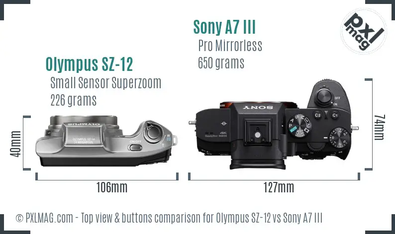 Olympus SZ-12 vs Sony A7 III top view buttons comparison
