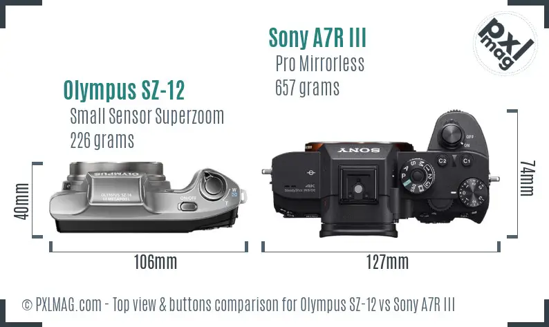 Olympus SZ-12 vs Sony A7R III top view buttons comparison