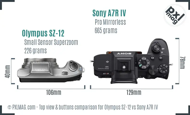 Olympus SZ-12 vs Sony A7R IV top view buttons comparison