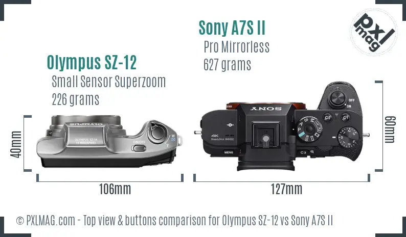 Olympus SZ-12 vs Sony A7S II top view buttons comparison Olympus SZ-12 vs Sony A7S II top view buttons comparison