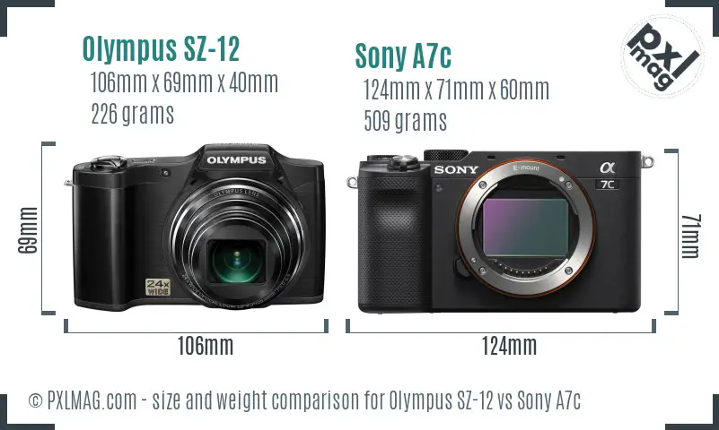 Olympus SZ-12 vs Sony A7c size comparison